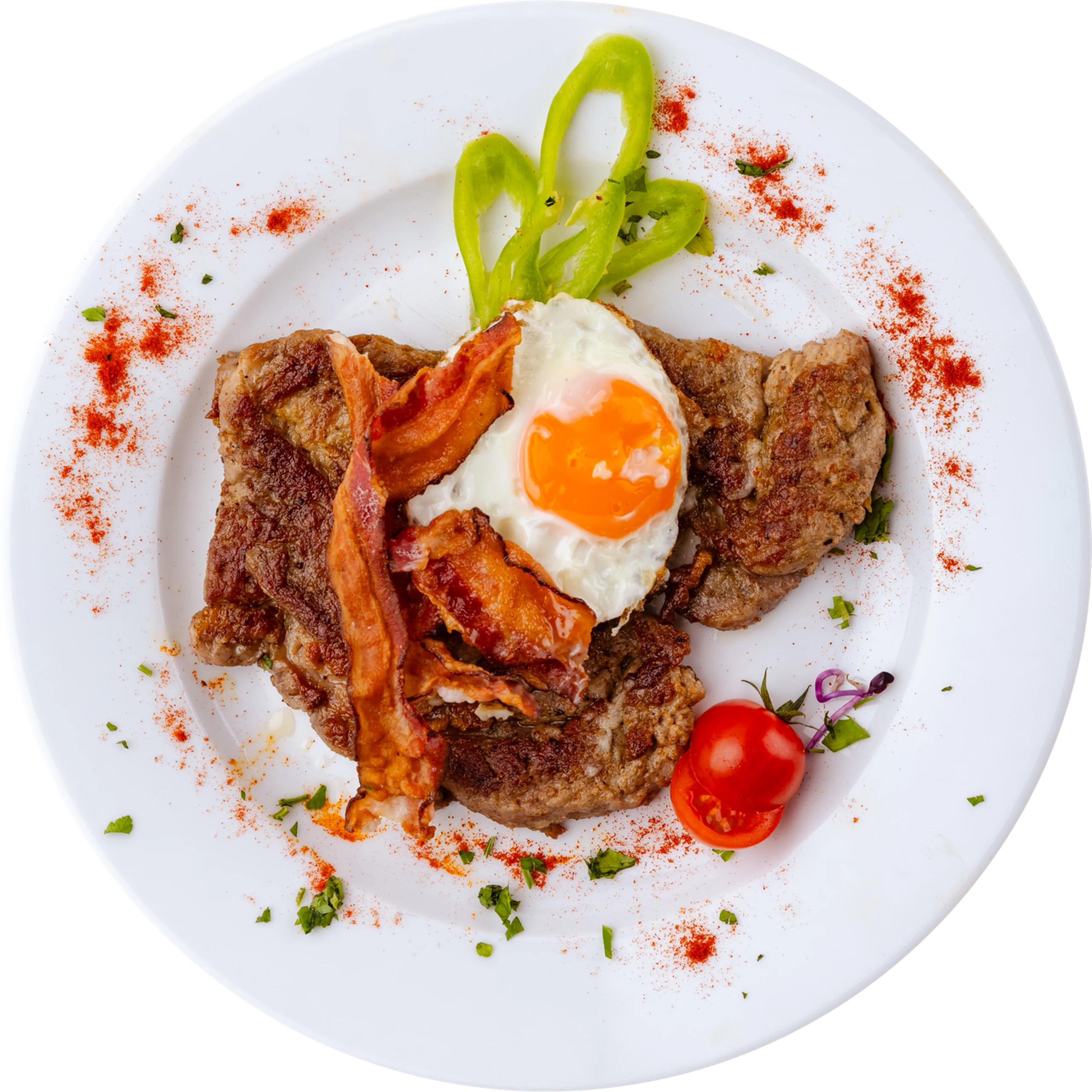 Grillezett sertéstarja baconnel és tükörtojással