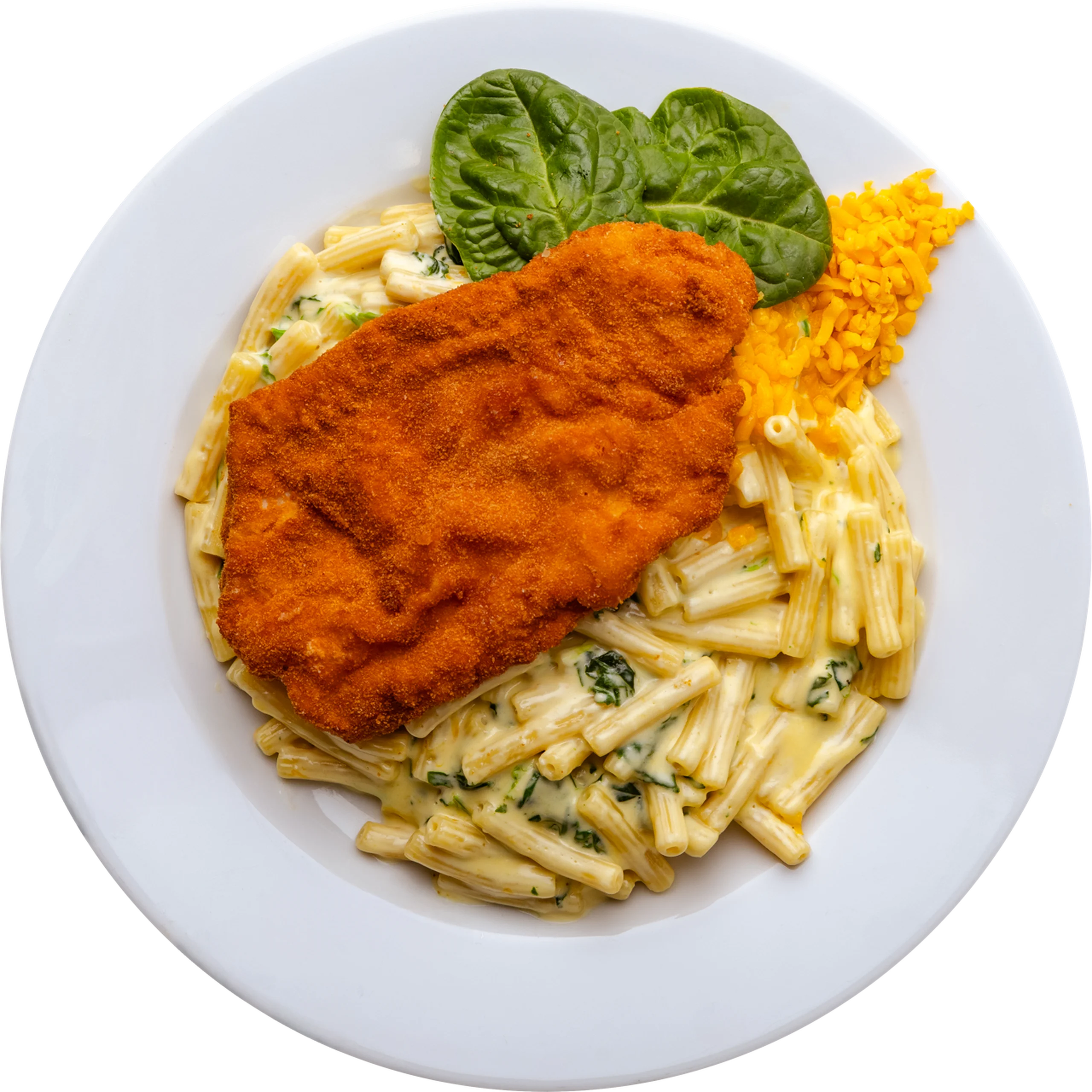 Spenótos tejszínes makaróni rántott csirkével, cheddar sajttal